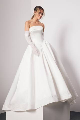Picture of Satin Basque Waist Ball Gown with Lace Hem